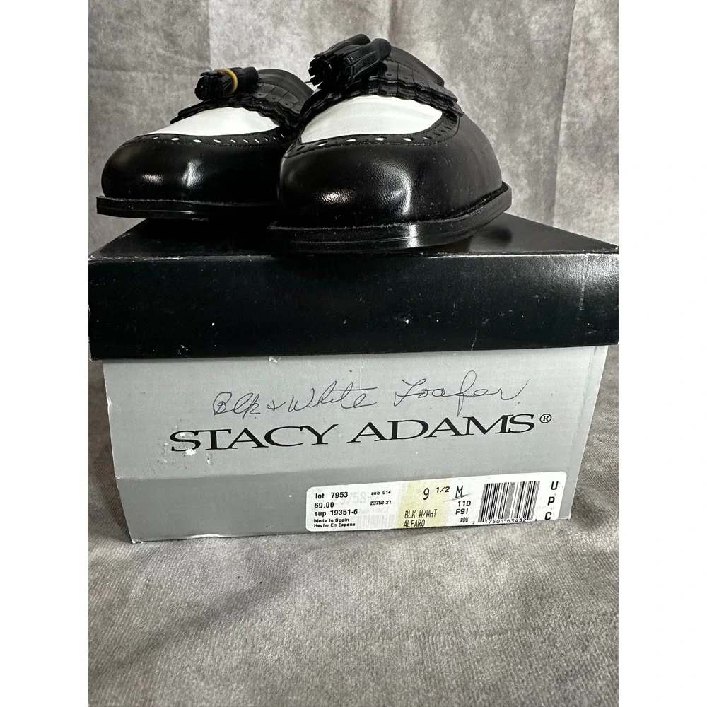 Vintage Stacy Adams Mens 9.5 M Black White Leather Tassel Kiltie Loafers Spain
